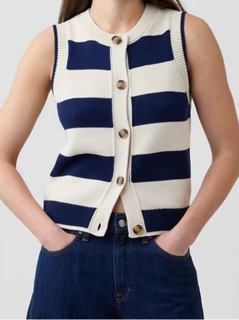 Sleeveless Striped Knit Cardigan Vest - Navy & Cream - New Without Tags.